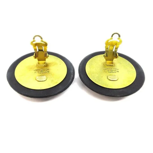 Chanel Button Earrings Clip-On Gold Black 94P 60169